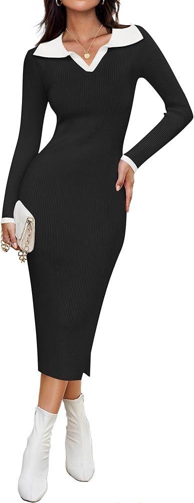 ZESICA Women's Fall Sweater Dresses 2024 Long Sleeve V Neck Ribbed Knit Midi Dress Causal Color Block Bodycon Dress | Amazon (US)