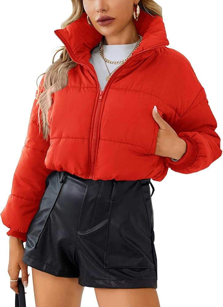 Locachy Women's Casual Cropped Puffer Jacket Zip Up Short Padded Outerwear | Amazon (US)