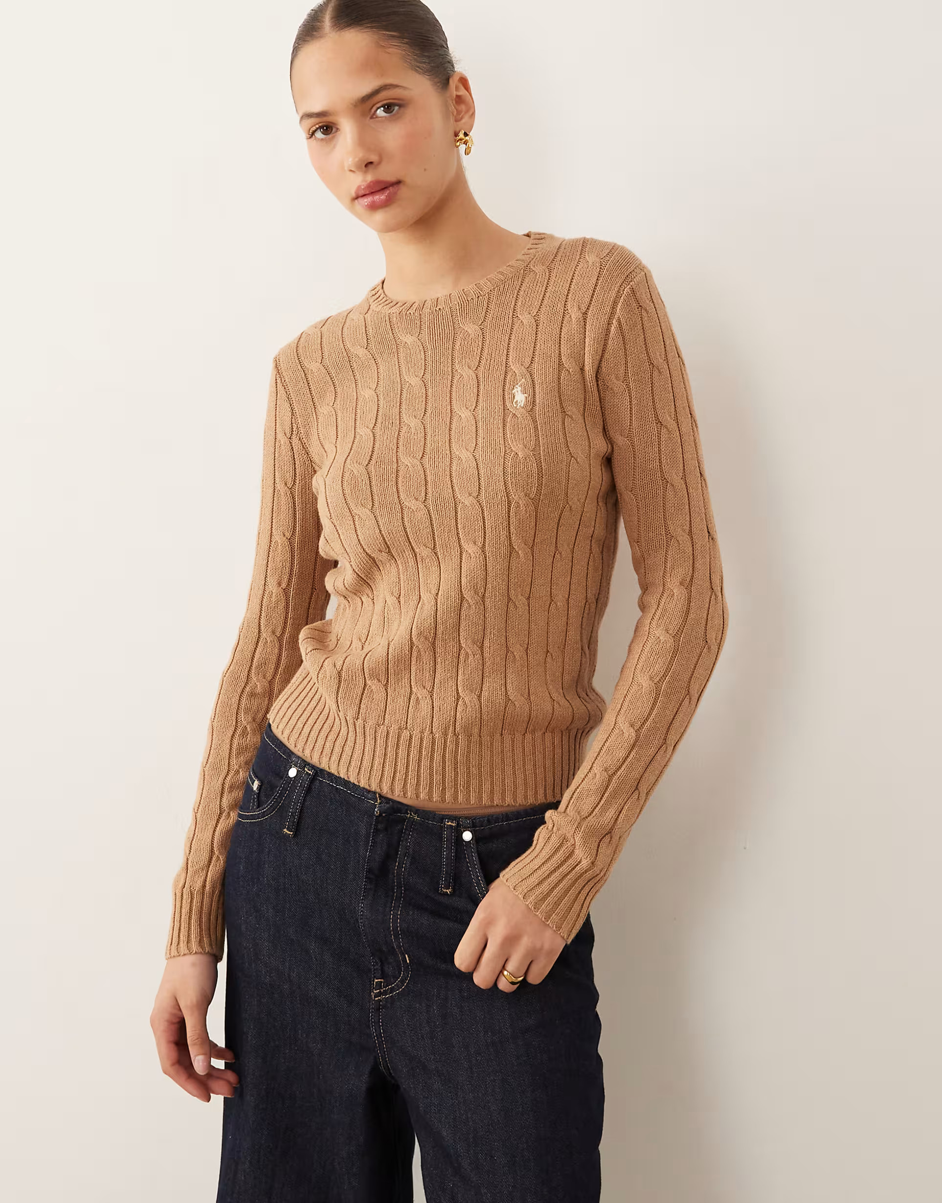 Polo Ralph Lauren icon logo cotton cable knit jumper in camel | ASOS (Global)
