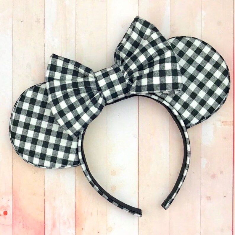 Black And White Gingham Mouse Ears Headband With Bow | Etsy (US)