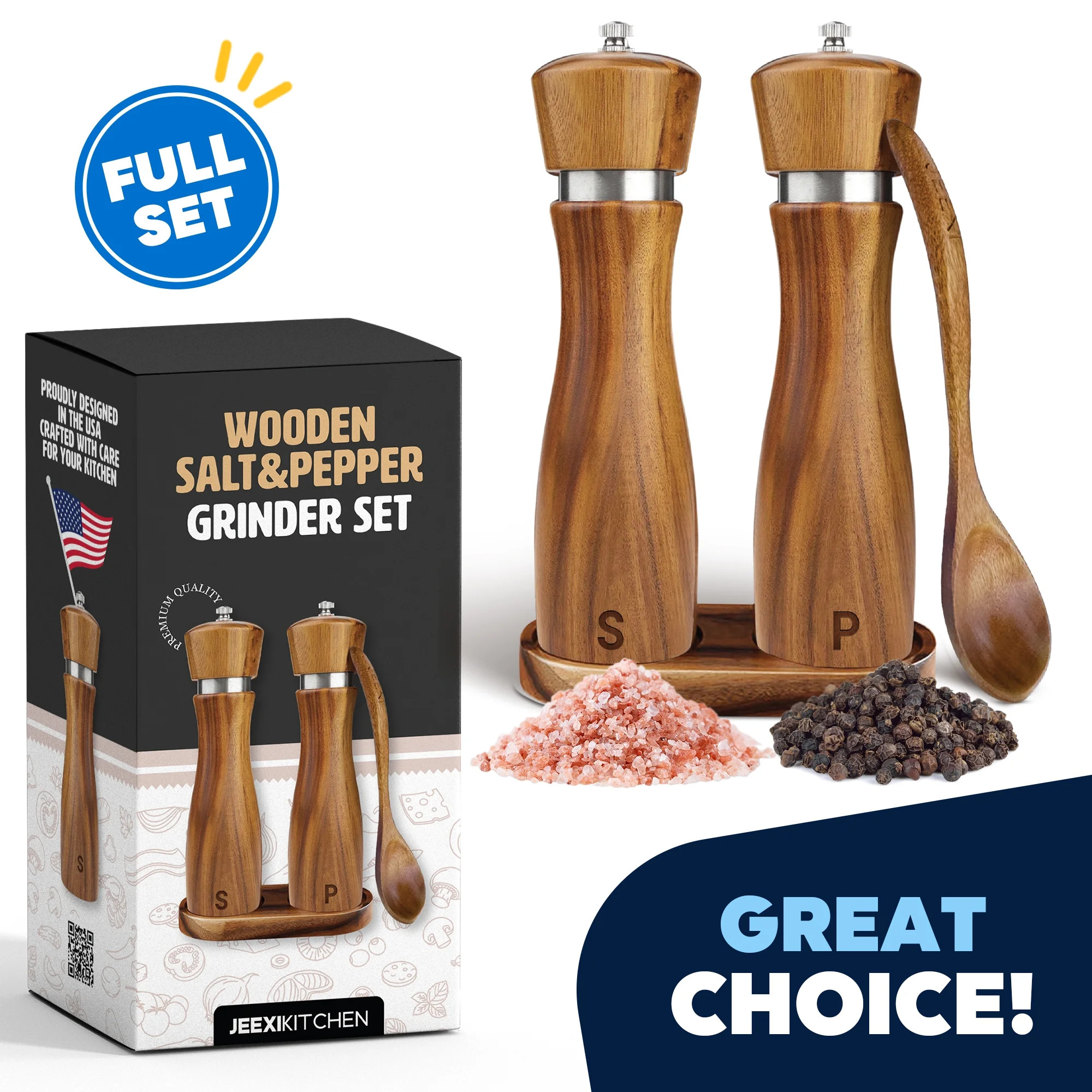 Premium Wooden Salt and Pepper Grinder Set, Adjustable Ceramic Coarseness, Refillable Solid Acaci... | Walmart (US)
