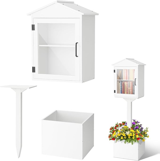 Little Library Box Outdoor with Floor Plugs & Flower Fence, Durable Weatherproof Solid Wood Book ... | Amazon (US)