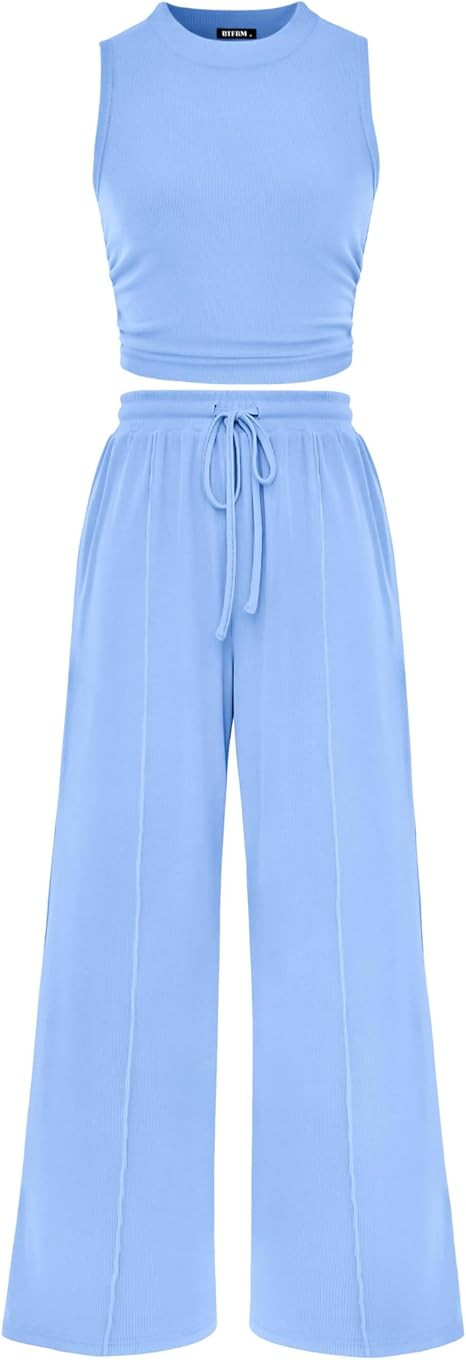 BTFBM Summer Outfits For Women 2026 Ribbed Sleeveless Tank Tops Wide Leg Pants 2 Piece Sets Loung... | Amazon (US)