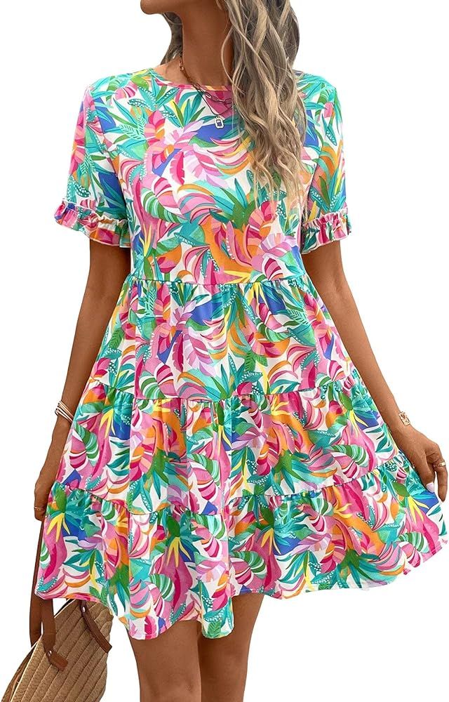 MakeMeChic Women's Boho Allover Floral Print Round Neck Smock Dress Short Sleeve Ruffle Hem High ... | Amazon (US)
