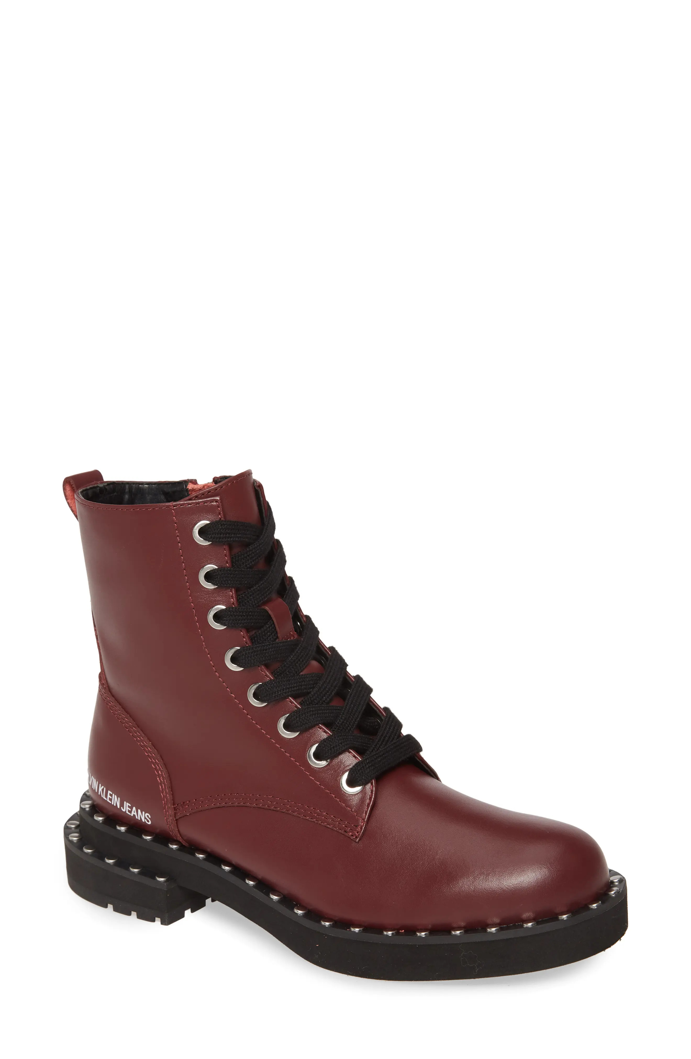 Women's Calvin Klein Jeans Nannie Stud Welt Combat Boot, Size 6 M - Burgundy | Nordstrom