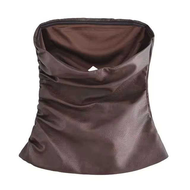 TRAF 2023 Brown Faux Leather Top Women Off Shoulder Crop Top Woman Backless Sexy Corset Tube Top ... | AliExpress (US)