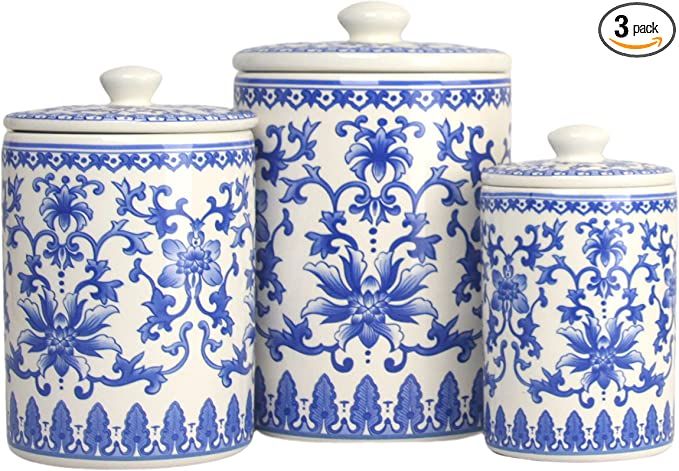10 Strawberry Street Kitchen Canister Set, 3 Piece, Chinoiserie Blue | Amazon (US)