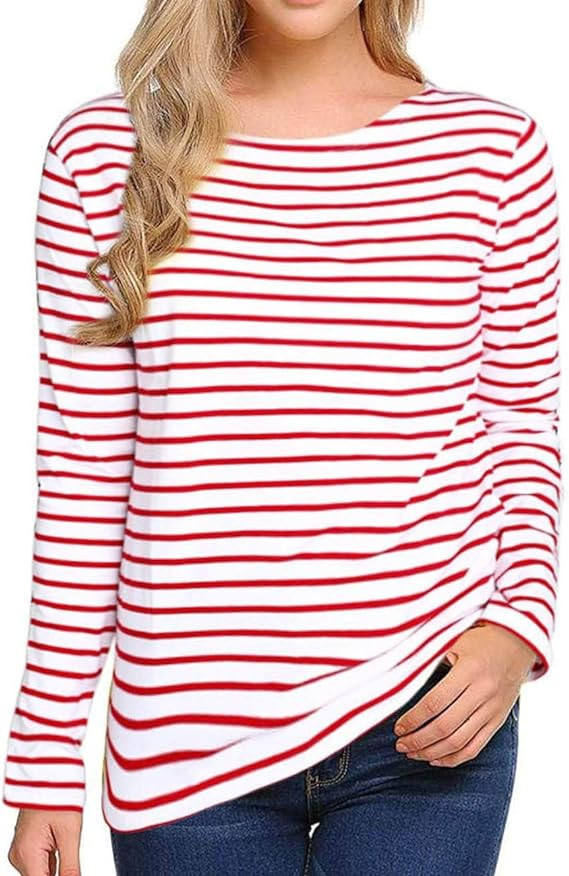 Remidoo Women Boat Neck Striped T-Shirt Short Sleeve / 3/4 Sleeve/Long Sleeve Tees Slim Fit Blous... | Amazon (US)