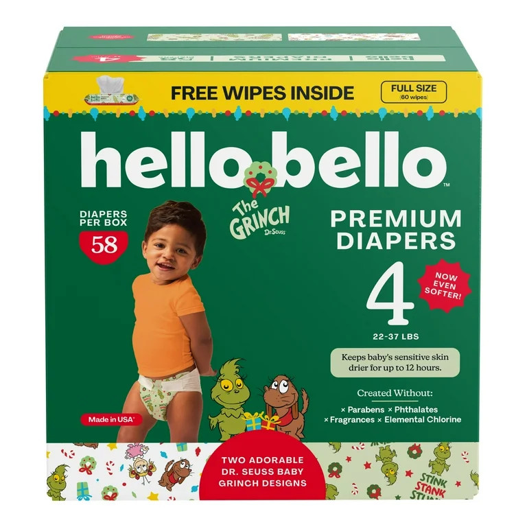 Hello Bello Premium Baby Grinch Diapers Club Box with Bonus Wipes - Size 4, 58 Count | Walmart (US)