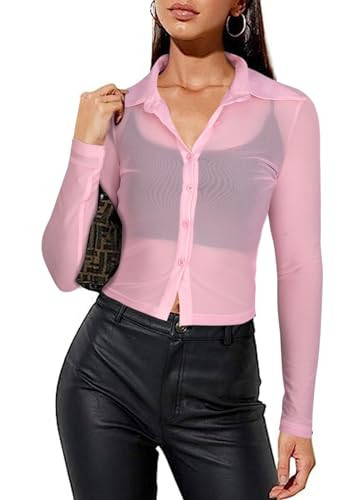 Remidoo Women's Sexy Sheer Mesh Button Down Long Sleeve Crop Top Blouse Pink Large | Amazon (US)