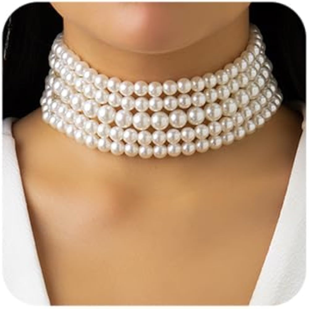 Octwine Boho Round Imitation Pearl Choker Necklace Multi Strands Vintage Choker Bridal Wedding Cr... | Amazon (US)