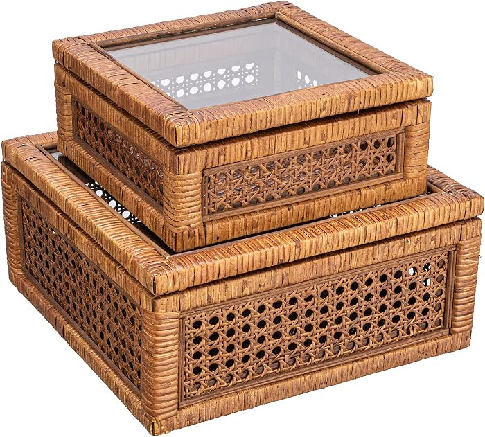 Creative Co-Op Modern Decorative Square Woven Rattan and Wood Display Boxes with Glass Top, Set of 2 Sizes, Dark Brown Finish | Amazon (US)
