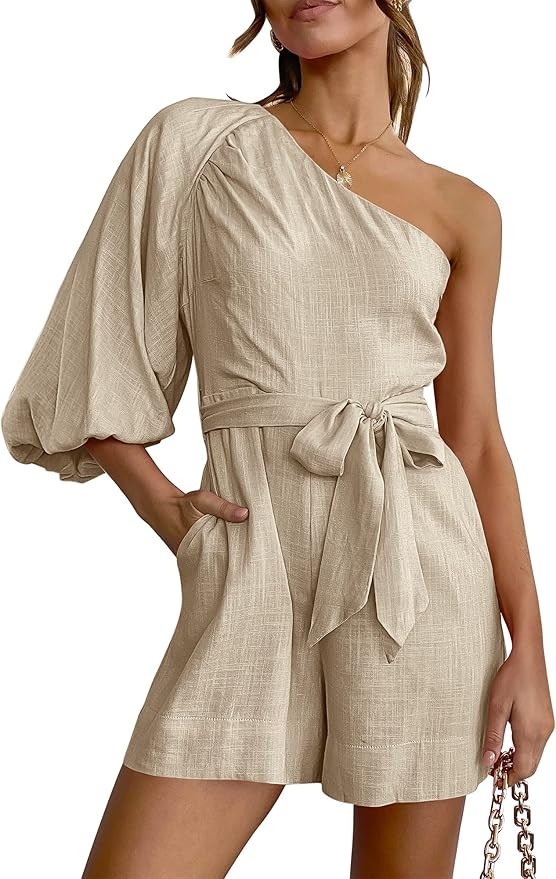 ANRABESS Women's Summer Casual One Shoulder 3/4 Puff Sleeve Tie Waist Short Jumpsuit Romper Outfi... | Amazon (US)