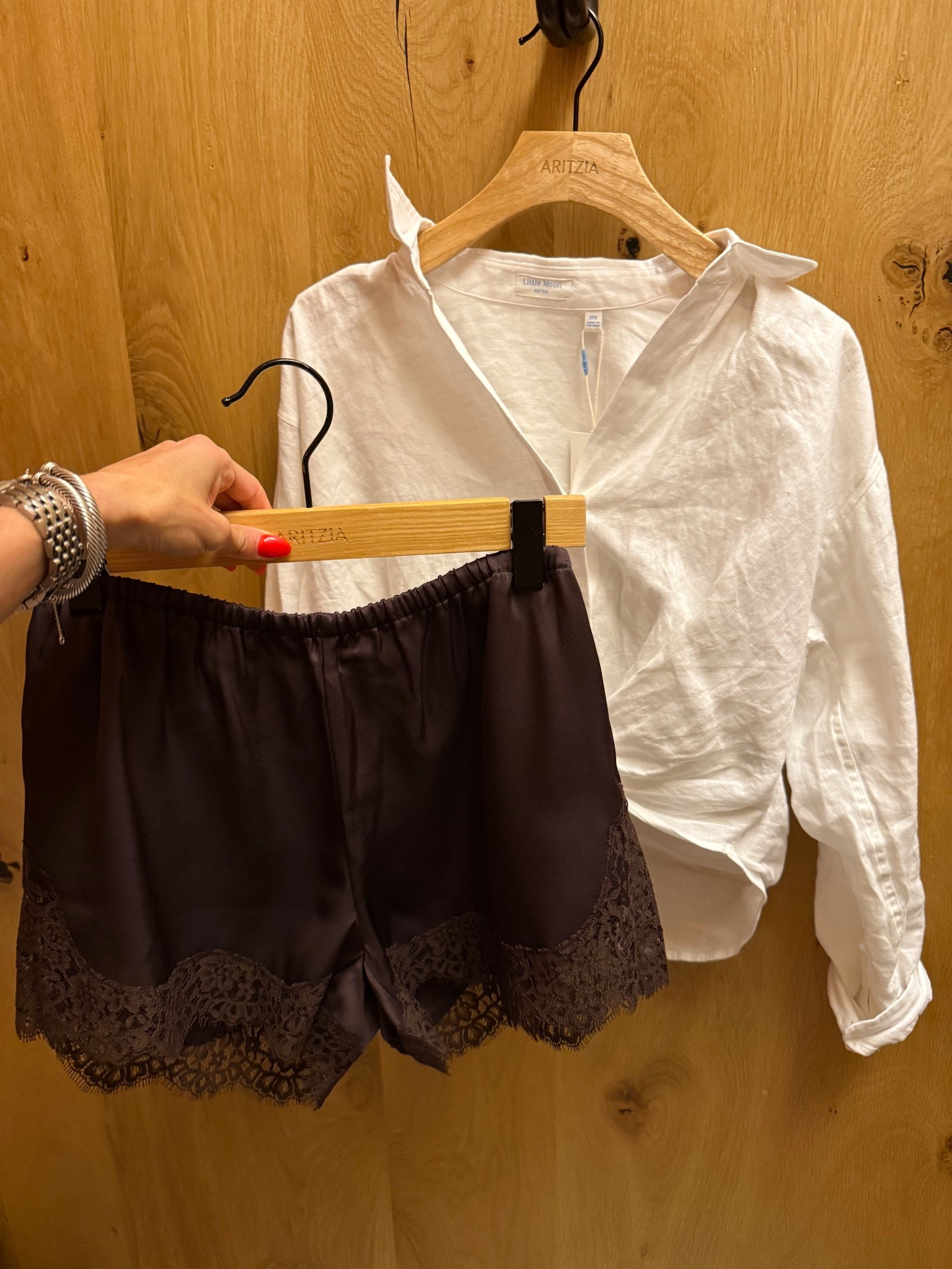 Trending chocolate brown satin lace shorts size 2xs with white flowy linen shirt 

#LTKootd #LTKPetite