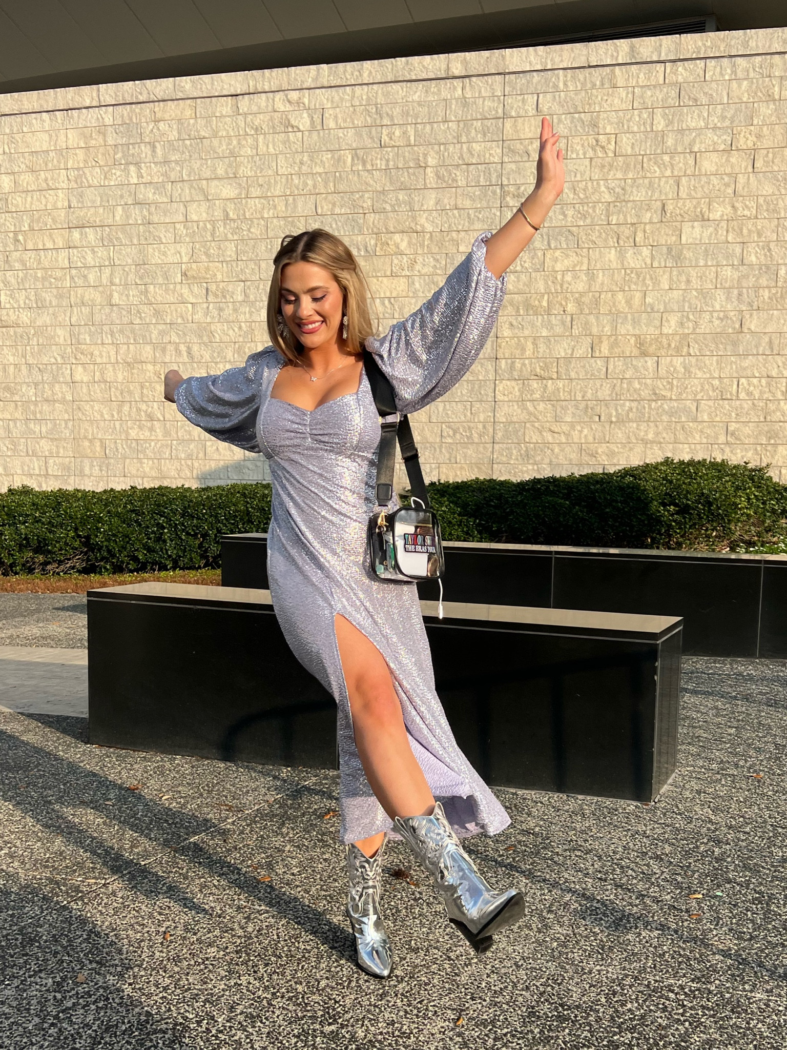 show me your mumu sydney midi dress Show Me Your Mumu Sydney Puff Sleeve Midi Dress Lilac Confetti Shimmer Slit  S