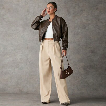 Women's Fashionable Retro Baseball Collar Jacket, Autumn | SHEIN