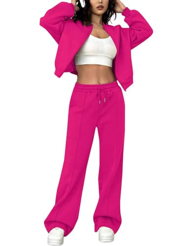 LovelyWholesale Women Sweatsuits 2 Piece Set Zip Up Sweatshirt and Wild Leg Sweatpants Set Hot Pink Large | Amazon (US)