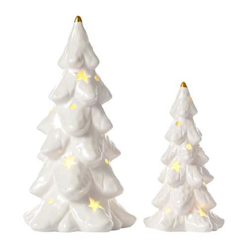 DN DECONATION Christmas Tree with Lights, Tabletop Xmas Trees with Star-Cutouts Leaves, 2Pcs White Prelit Ceramic Christmas Tree Figurines Holiday Centerpieces for Mantel & Shelves Decor | Amazon (US)