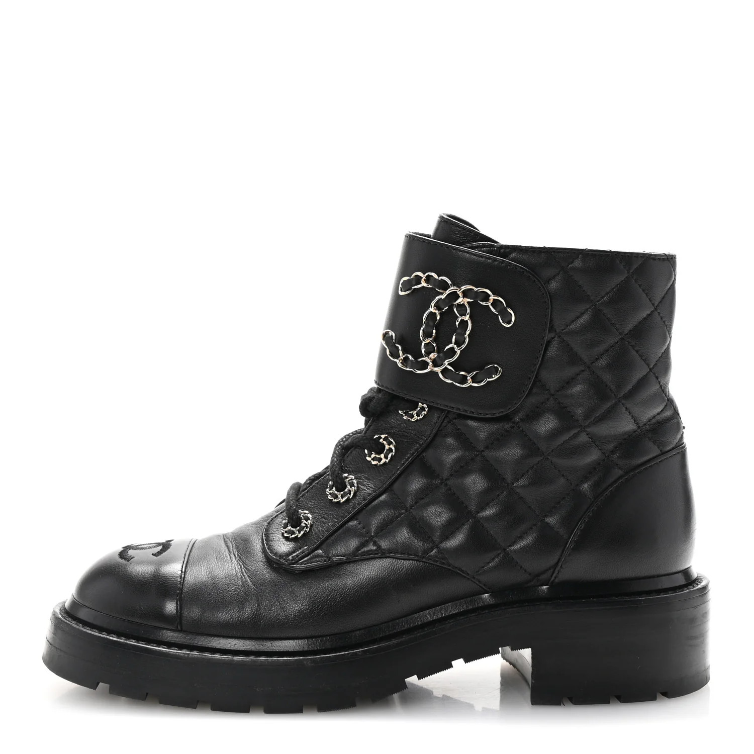 Chanel Shiny Lambskin Quilted Lace Up Combat Boots 37 Black 1688579 | FASHIONPHILE (US)