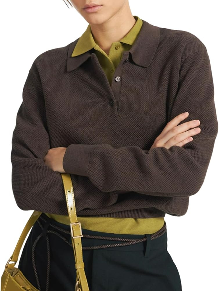 Women's Pullover Knitted Sweater Long Sleeve Polo Shirts Solid Color V-Neck Tops | Amazon (US)