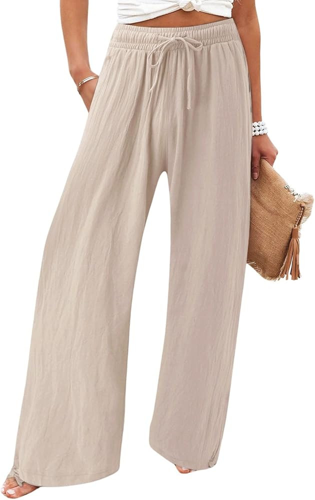 CHARTOU Women Elastic Waist Pants Wide Leg Sweatpants Beach Palazzo Pants Loose Lightweight Summe... | Amazon (US)