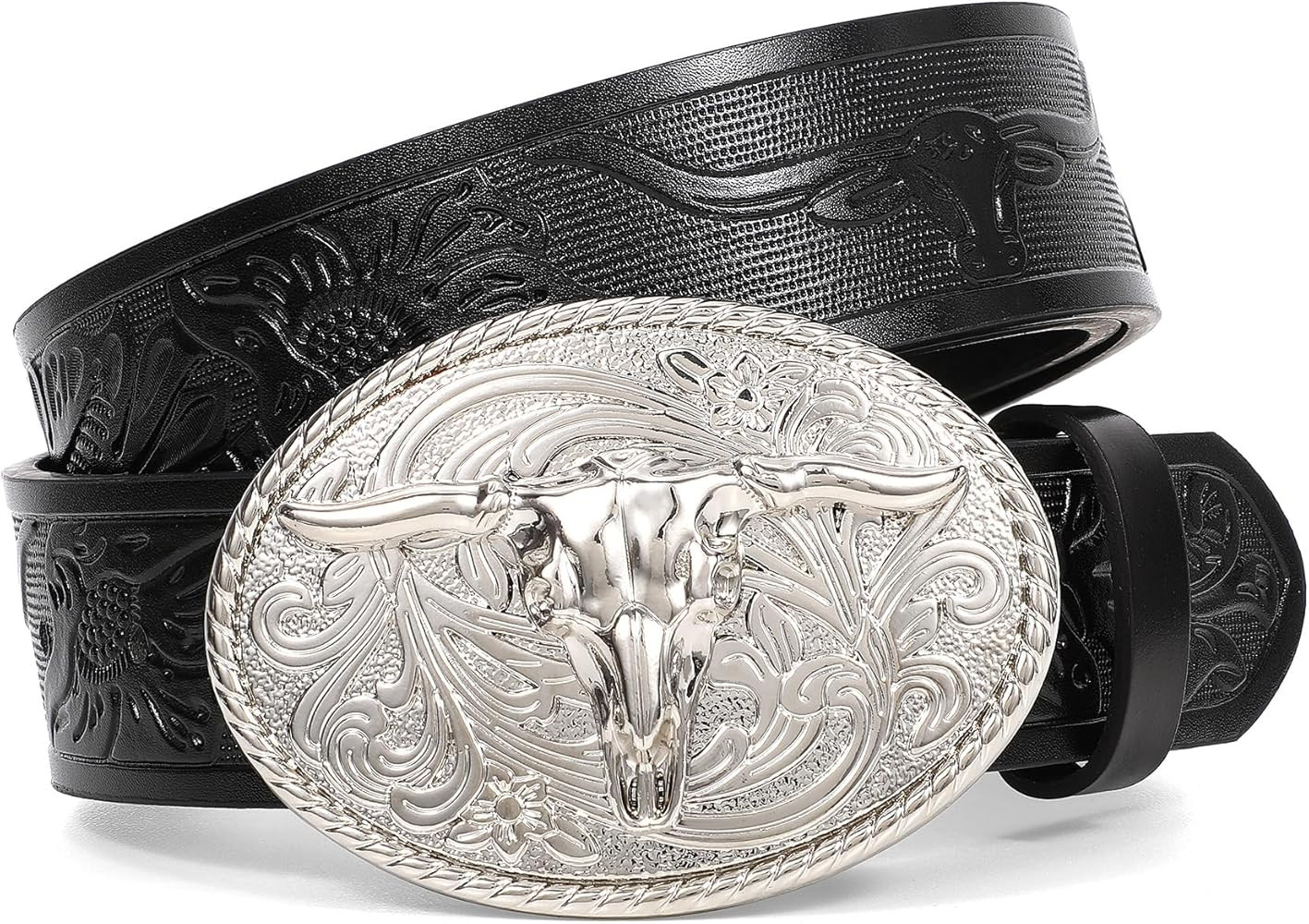 XZQTIVE Western Leather Belt for Men Women Cowgirl Cowboy Belt Country Belt Silver Buckle Tooled ... | Amazon (US)