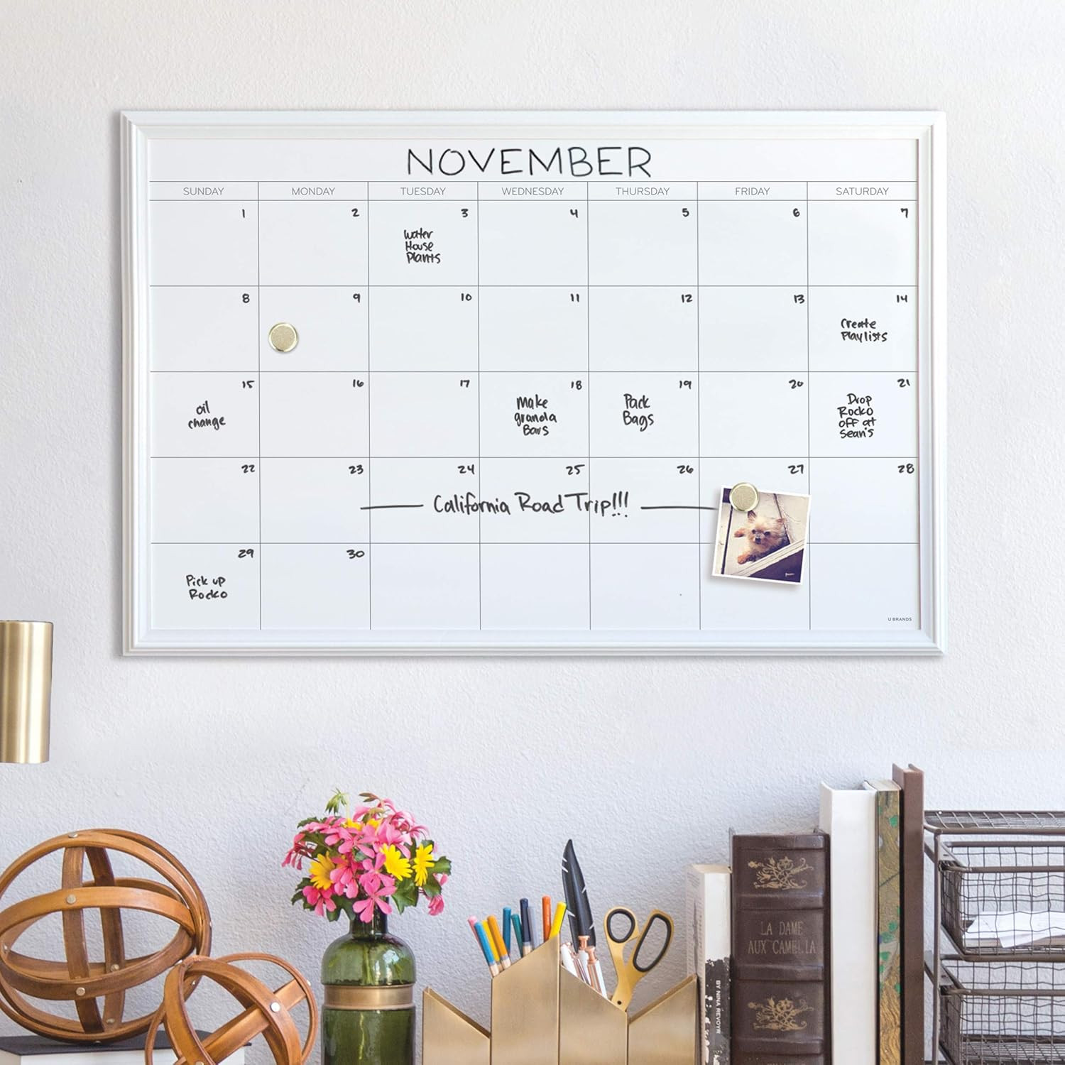 U Brands Magnetic Dry Erase Calendar Board, 20 x 30 Inches, White Wood Frame (2075U00-01) | Amazon (US)