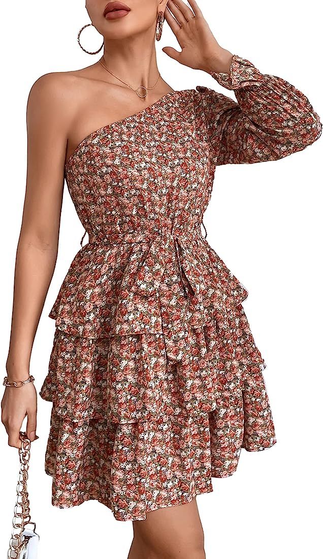 PRETTYGARDEN Women's One Shoulder Boho Floral Dress Elastic Waist Tiered Ruffle A Line Flowy Mini... | Amazon (US)