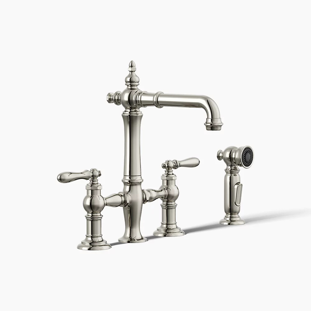Three-hole bridge bar sink faucet with side sprayer | Kohler