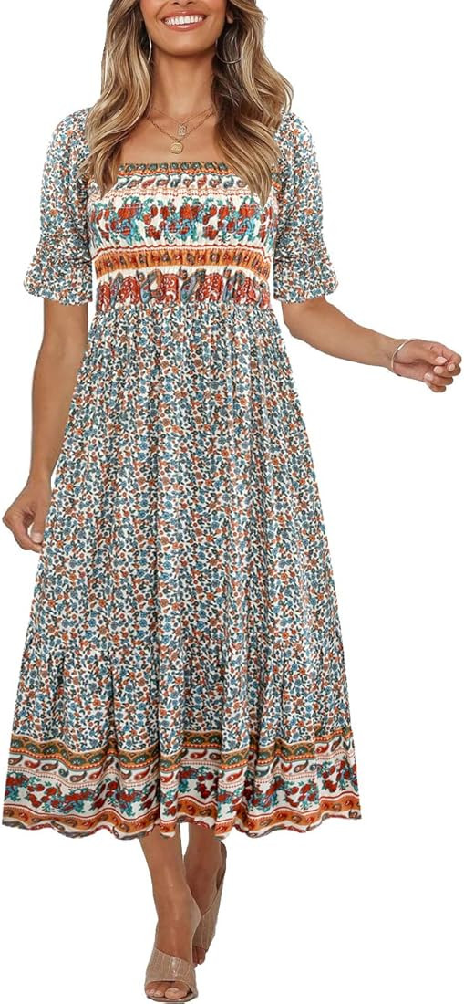 Women's Summer Bohemian Square Neck Floral Print Ruffle Vintage Flowy Beach Vacation Long Midi Bo... | Amazon (US)