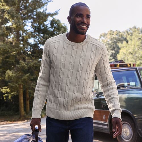 Men's Long Sleeve Drifter Cable Crewneck Sweater - Lands' End - Tan - XXL | Lands' End (US)