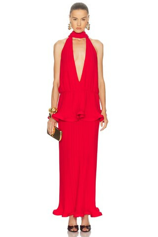 Rowen Rose Plunge Neck Long Dress in Red | FWRD 
