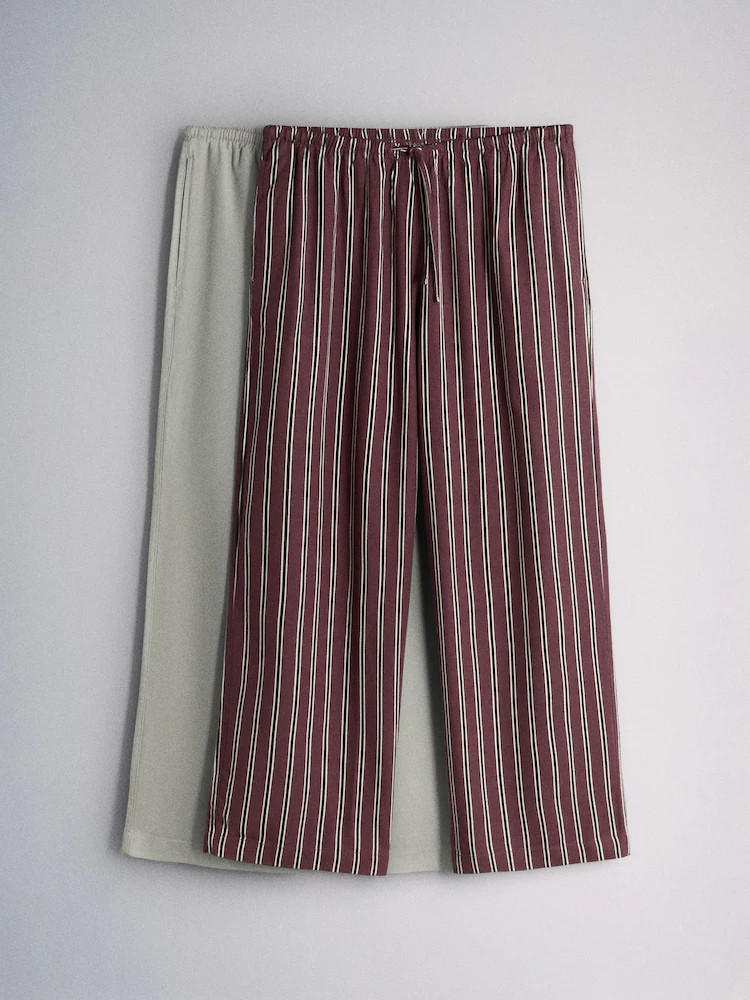 The Set 2 Pack Pull On Wide Leg Trousers With Linen Stone Brown/ Stripe | Next EU