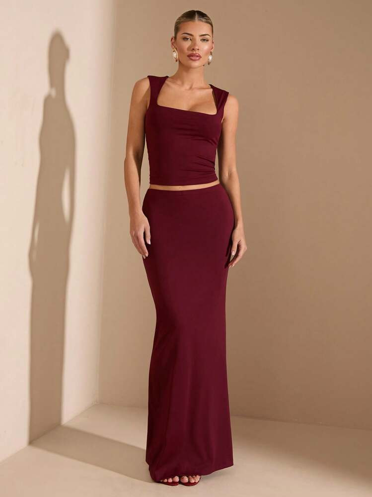 SHEIN BAE Sommer Strand Urlaub Einteiler In Burgunderrot Ferienkleid Mit Quadratischem Ausschnitt Und Stretchstoff, Kostüm Für Musikfestival, Landmusikfestival, Konzert, Einschulung, Hochzeit Als Brautjungfer, Hochzeitssaison | SHEIN