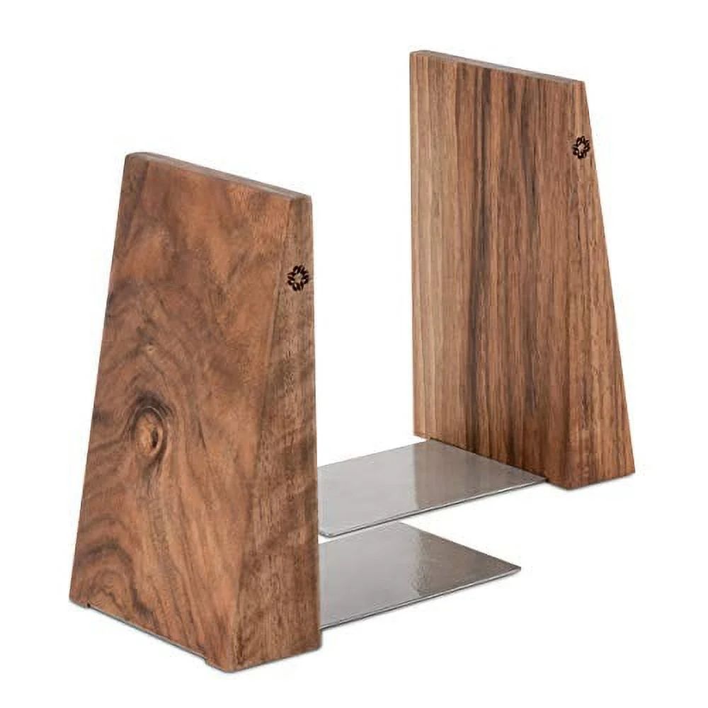 TILISMA Book Ends for Shelves - Handmade Wooden Bookends with Metal Base, Walnut Tree - Sturdy Bo... | Walmart (US)