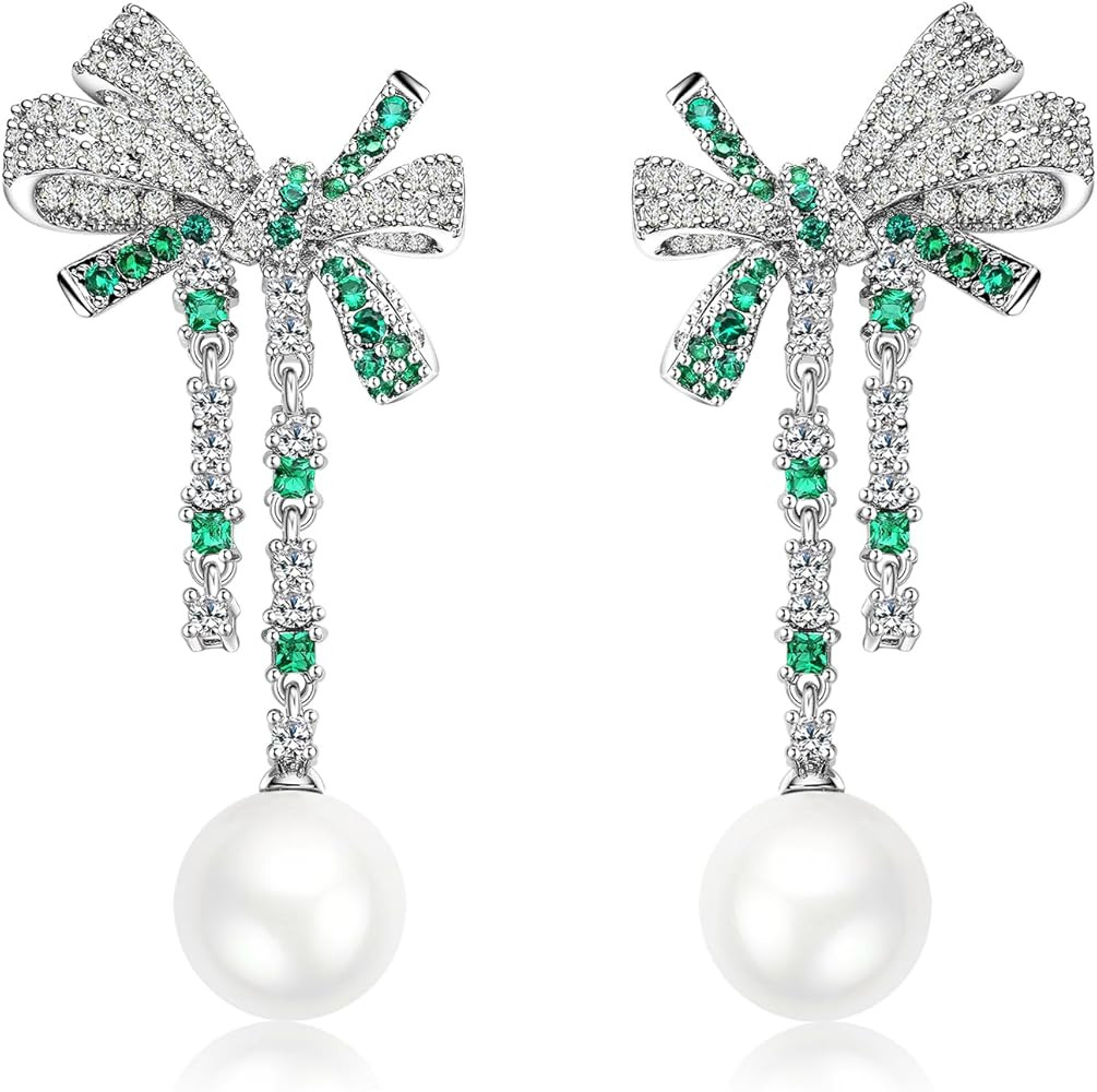 S925 Sterling Silver Butterfly Pearl Bow Earrings for Women Crystal Rhinestone Cubic Zirconia Wed... | Amazon (US)