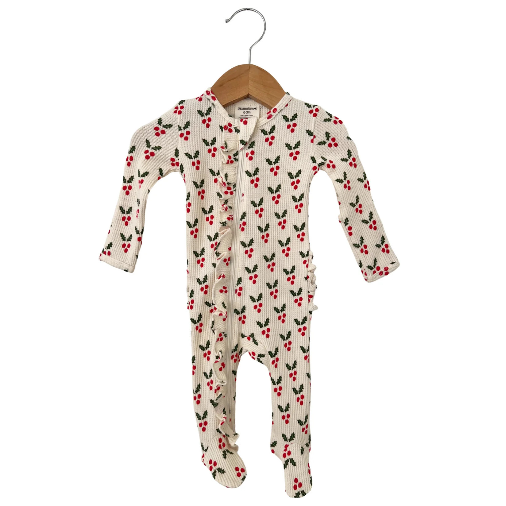 Organic Waffle Ruffle Zip Footie, Holly | SpearmintLOVE