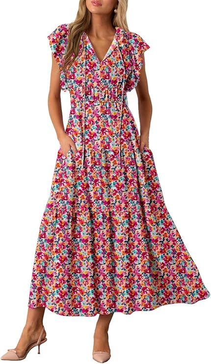 BLENCOT Womens Floral Maxi Dresses Casual Flowy Boho Dresses Summer Ruffle Short Sleeve V Neck Dr... | Amazon (US)