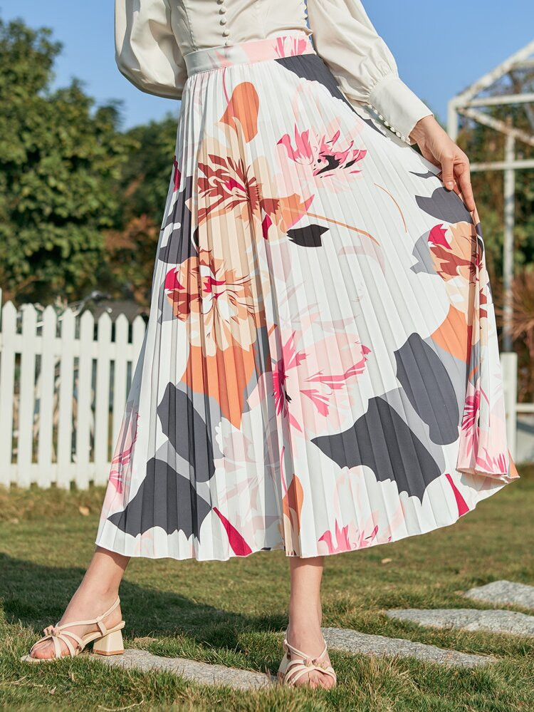 Large Floral High Waist Pleated Skirt | SHEIN