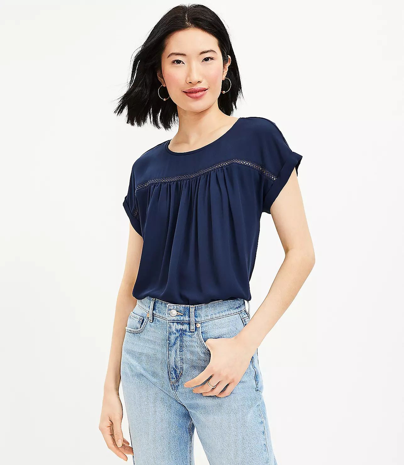 Lacy Pleated Mixed Media Top | LOFT