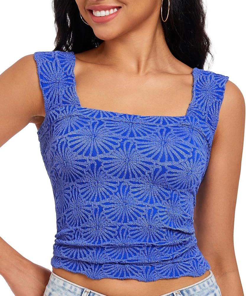 Women's Square Neck Wide Strap Crop Tank Tops Flower Going Out Tops Slim Fit Lettuce Trim Crop Ca... | Amazon (US)