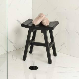 Tamlyn 17.72 in. H Traditional Classic Slatted Solid Acacia Wood Indoor/Outdoor Shower Stool, Black | The Home Depot