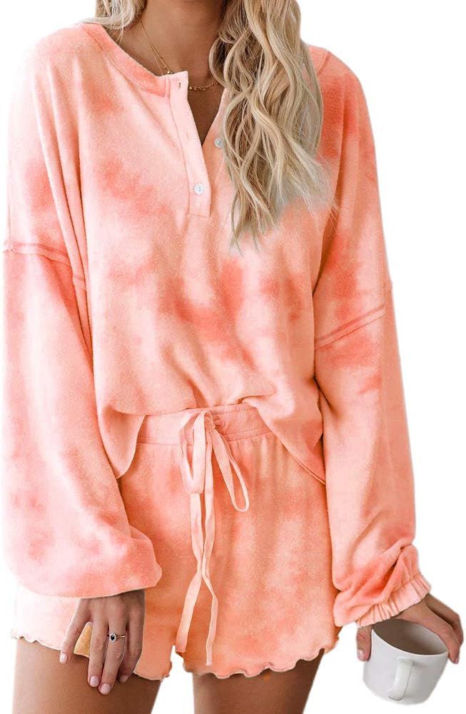 Womens Tie Dye Print Long Sleeve Loungewear Nightwear Soft 2 Piece Short Pajamas Set | Amazon (US)