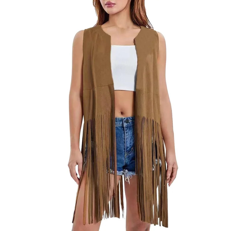 Kaemgyyd Women's Fringe Vest 70s Vintage Sleeveless Coat Loose Fashion Open Front Cardigan Tassel... | Walmart (US)