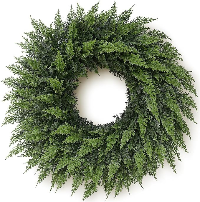 24" Real Touch Cedar Wreath for Front Door, Artificial Christmas Wreaths Faux Cedar Green Fake Pi... | Amazon (US)
