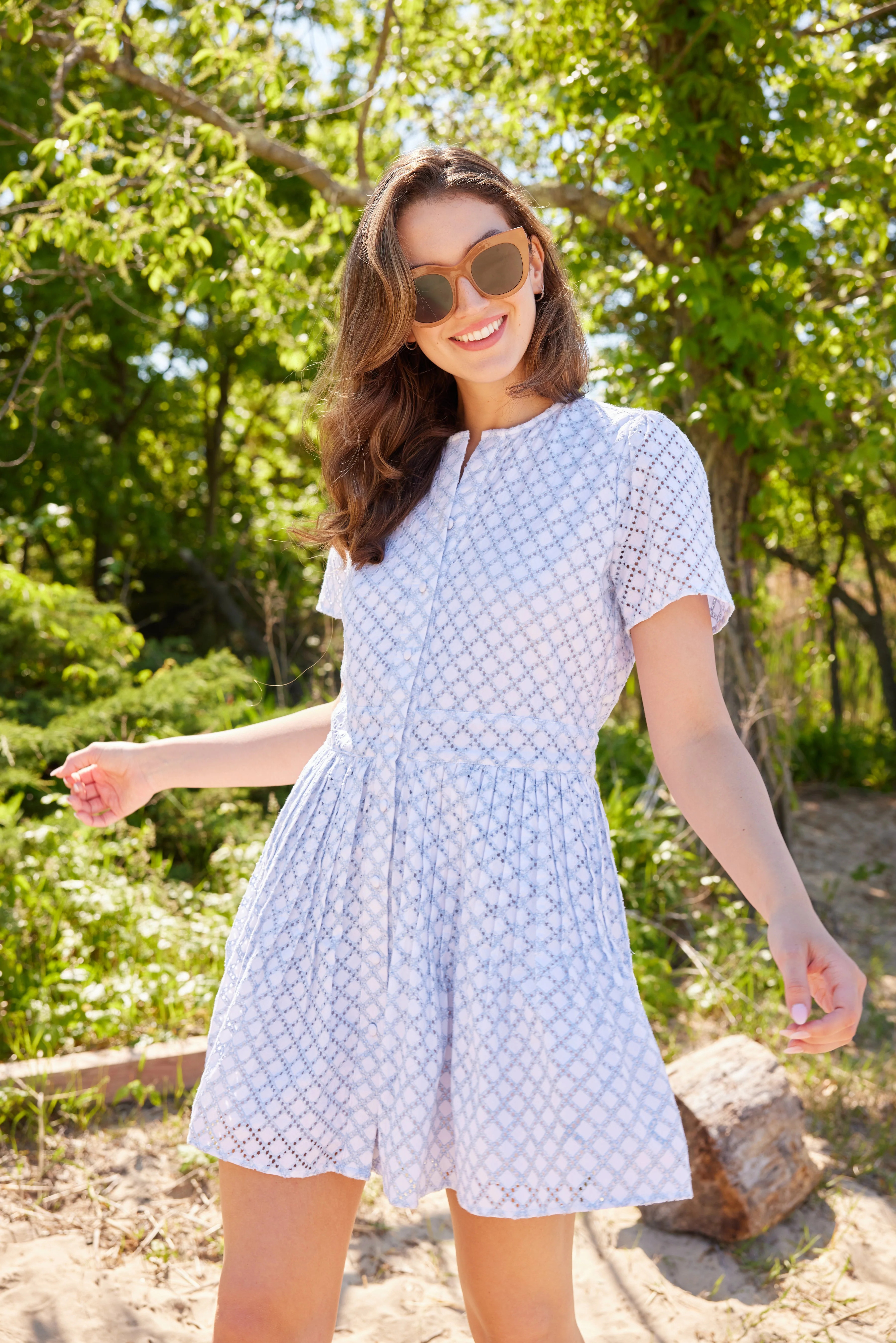 Lacecap Lattice Eyelet Button Front Cinched Waist Dress | Sail to Sable