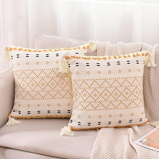 Aoomzoon Boho Throw Pillow Covers 18x18 Set of 2, Natural Cotton Hand-Woven Yellow Tufted Decorat... | Amazon (US)