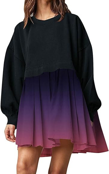Sweatshirt Dress Women Oversized Patchwork Crewneck Long Sleeve Pullover Tops Fall Casual Flowy P... | Amazon (US)