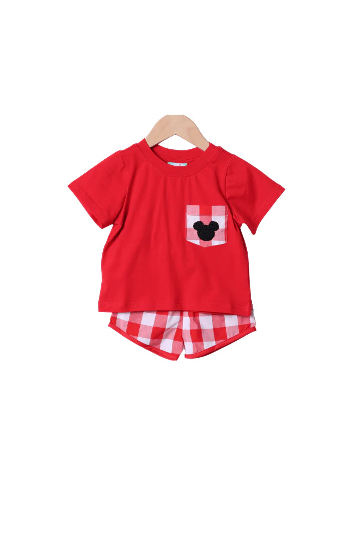 French Knot Mouse Red Gingham Short Set | The Smocked Flamingo