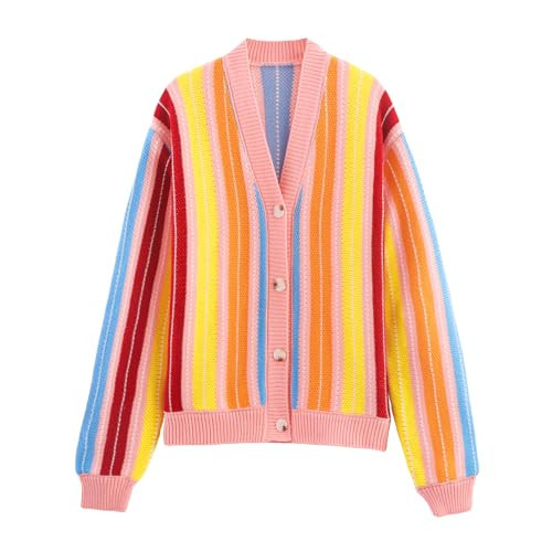 AIWUFLY Women's Casual Long Sleeve Rainbow Striped Cardigan Sweaters V Neck Button Down Color Block Knit Loose Sweater Coat Multicolor Medium | Amazon (US)